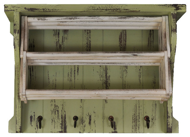 lot 97 image: Distressed Wood Drying Rack With Shelves & Hooks (WhiteGreen) wall-hooks New