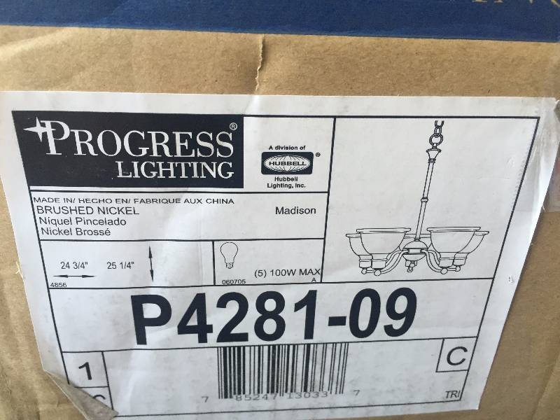 lot 71 image: Progress Lighting P4281-09 Brushed Nickel Madison 5 Light Chandelier with Etched Glass Shade - 20 Tall New