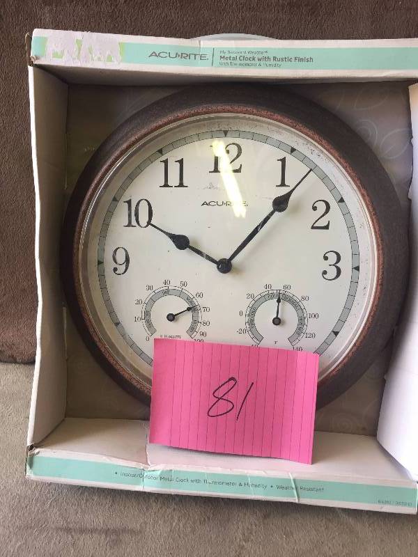 lot 81 image: Acurite 13-inch Rustic Metal Outdoor Clock with Thermometer and Humidity New