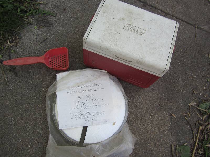 lot 162 image: Cooler, scoop, ice fishing hole ant...