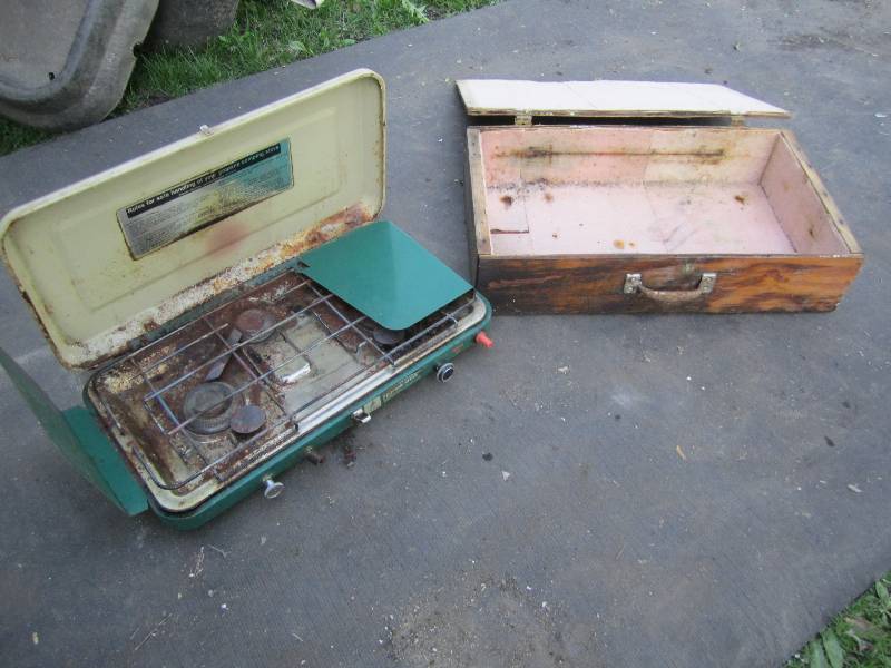 lot 184 image: Vintage propane camp stove in wood ...