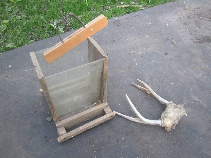 lot 186 image: Pair of antlers and a bird feeder...