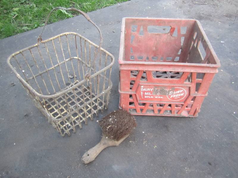lot 190 image: Vintage milk crates and brush...