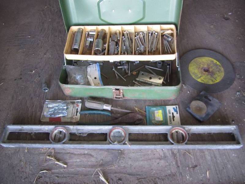 lot 433 image: Toolbox with nails, tools, and a le...