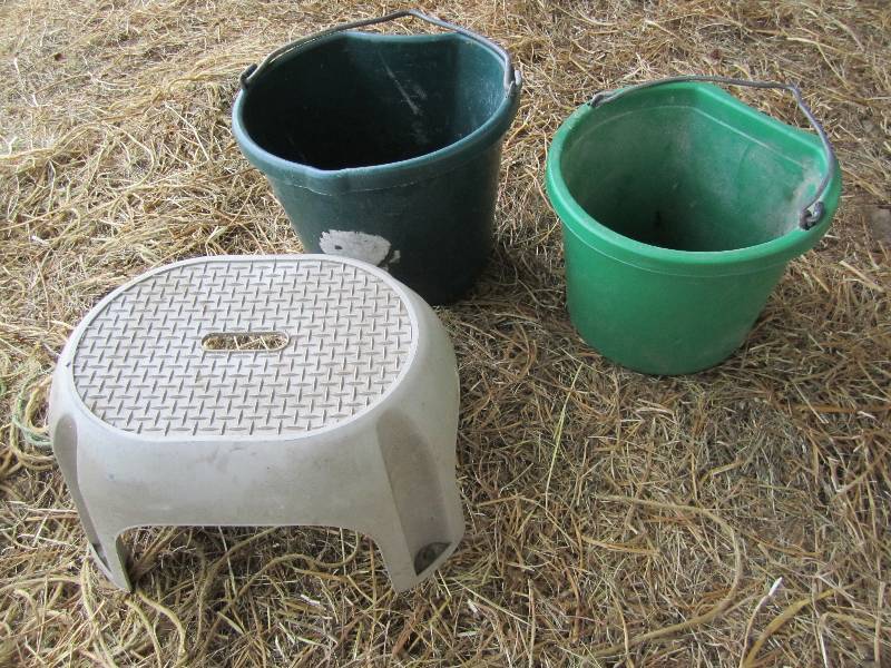 lot 602 image: 2 Plastic feed pails and a stool...
