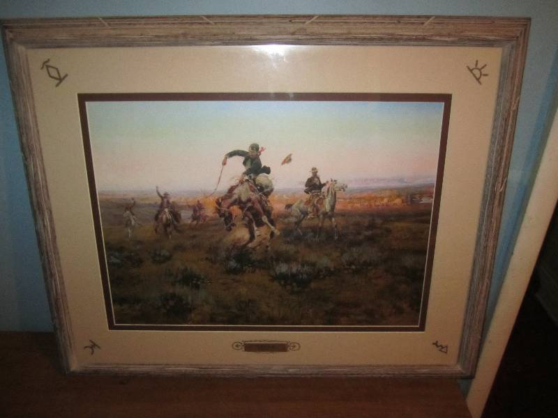 lot 676 image: Framed Western scene 25 x 34...
