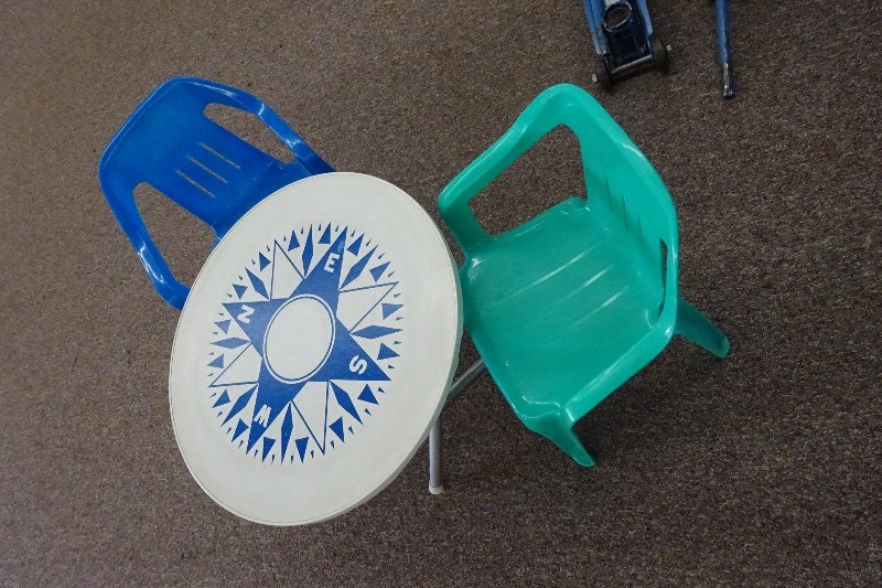 lot 63 image: Kids folding table with 2 plastic chairs