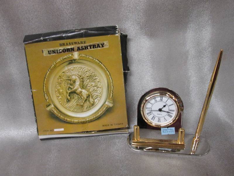 Desk clockpen, Unicorn ashtray...