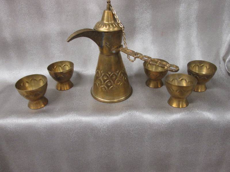 Brass Tea Set with 5 chalice shaped...
