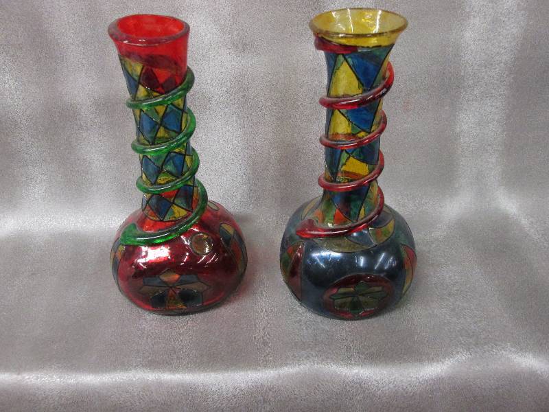 Lot of 2 Multi-coloredGlass Bud Vas...