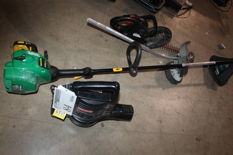 lot 84 image: Lot of (4) Lawn Tools Including 1) Craftsman Electric BlowerVac AND 1) Weedeater Featherlite SST25 17 Cut 25cc Engine Weed Whip AND 1) Hedge Trimmer AND 1) Edger