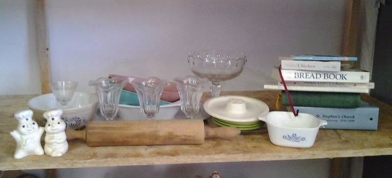 lot 77 image: Old Rolling Pin, Sundae Cups, Cook Books, Misc