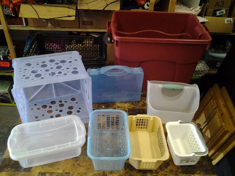 lot 82 image: Tote Bin Full Of Assorted Crates, Bins, Organizers