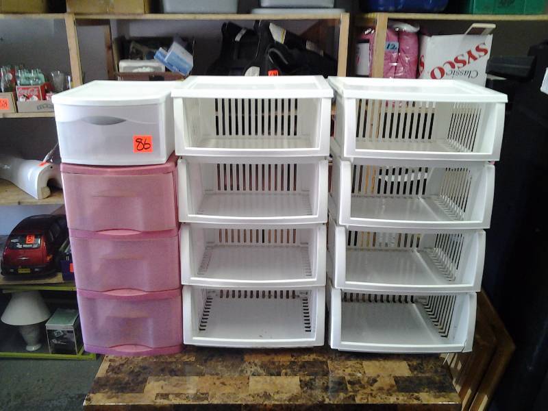 lot 86 image: Pink 3-Drawer Organizer, White 1-Drawer Organizer, 2-Stacking Bins