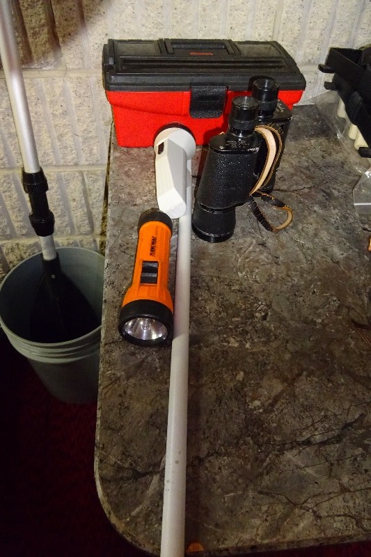 Flashlight, tool box, binoculars