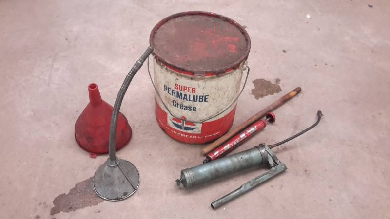 lot 99 image: Grease, gun, funnels, and more