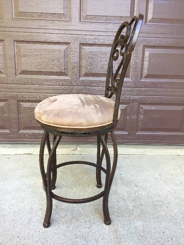 lot 43 image: Pastel Furniture Magnolia Moccasin Suede Upholstered Swivel Barstool Scrolled Bronze Colored Iron Breakfast Bar Chair #3 - Current Retail $478.00 - Very Nice Condition
