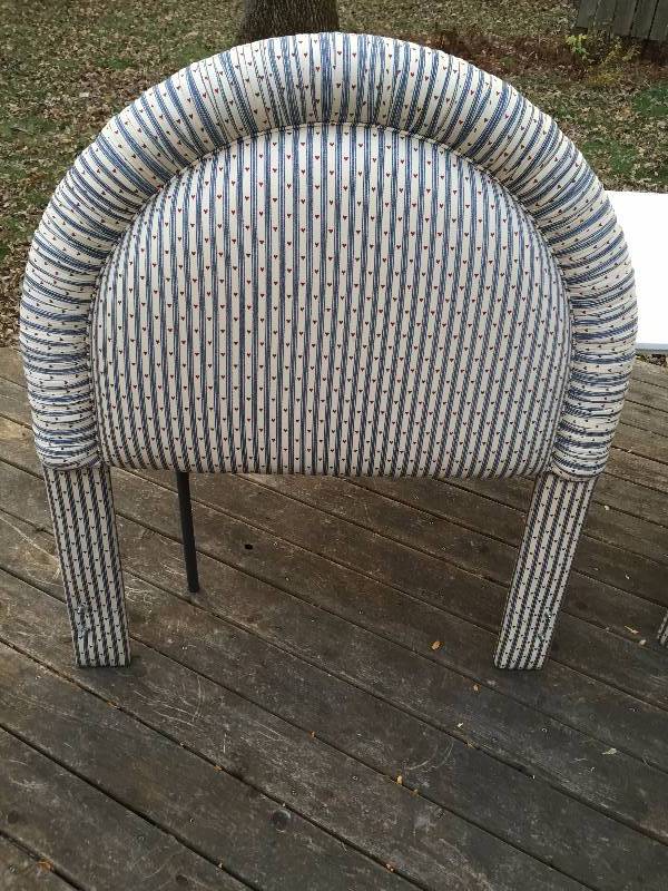 lot 28 image: 2 Hearts & Stripes Matching Rounded Padded & Tufted Cloth Covered Head Boards Each are 29 wide x 4 deep x 46 12 Tall  In good shape but I would recover with something a little more luxurious