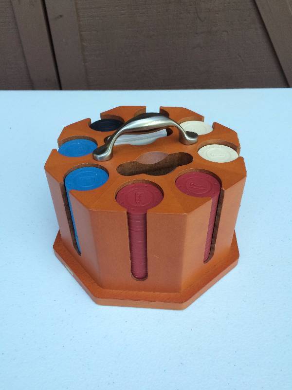 lot 5 image: Vintage Poker Chip Set Mid Century Modern Style Cigar Club With Full Deck of Cards Red Blue White Black Chips - Very Nice Condition