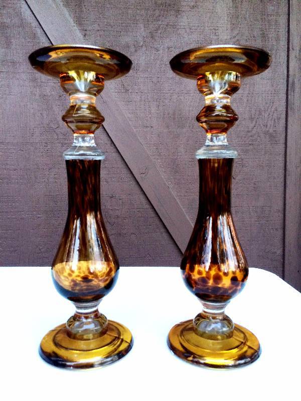 lot 7 image: 12Tall Large Tiger Print Art Glass Candle Holders Cheetah Leopard Animal Print Pedestal Pillar Candle Holders - Excellent Condition