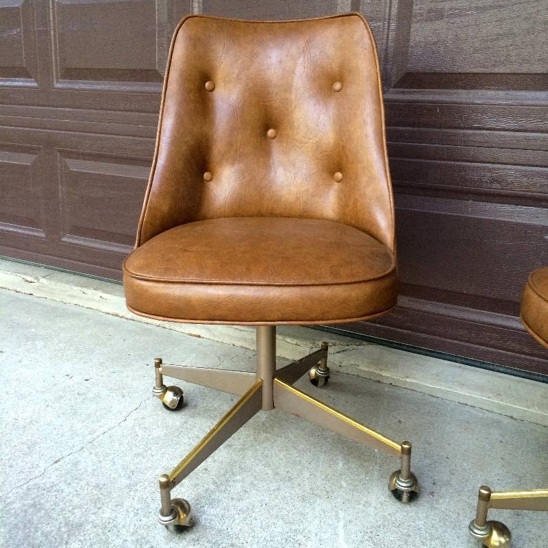 lot 45 image: Gorgeous Pair #2 Mid Century Modern Vintage Star Trek Cockpit Brown Naugahyde Atomic Age Swivel Chair Retro Chic Rolling Casters - Awesome For A MCM Mad Men Cigar Poker Club