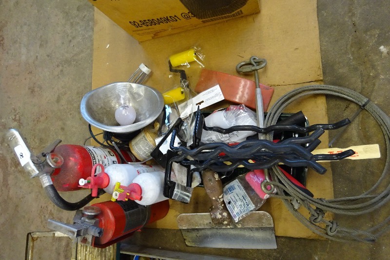 lot 20 image: Fire extinguishers, shop light, paint supplies, wall brackets
