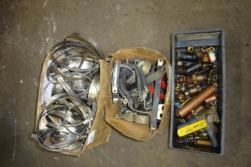lot 62 image: Misc. clamps, brass fittings, hangers
