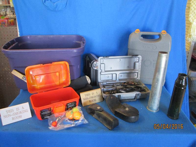 Lot of tools in a plastic tote...