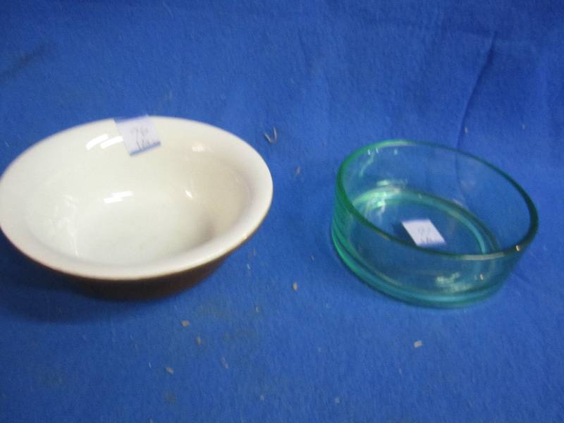 Green glass bowl and Hall stoneware...