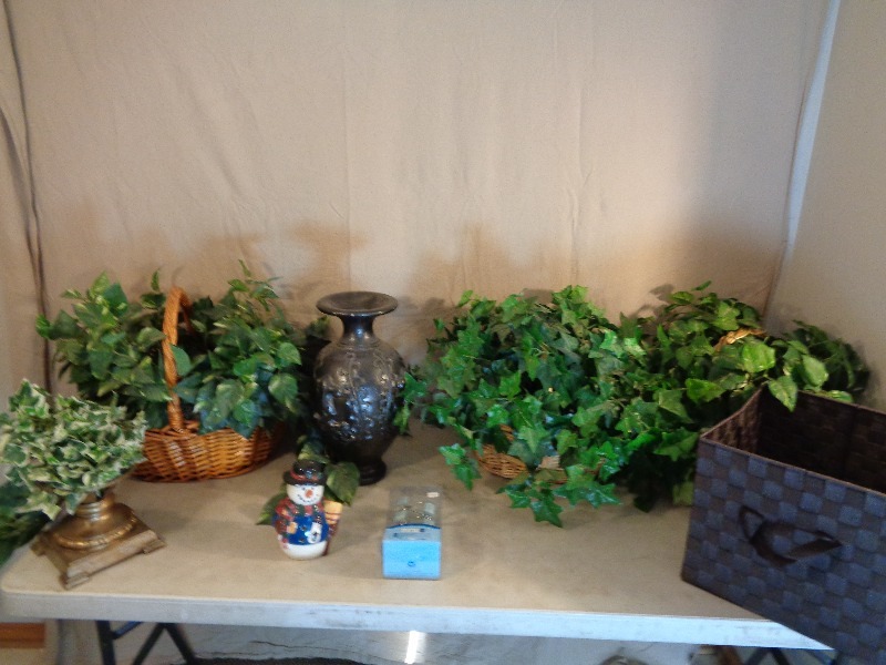 lot 130 image: Greenery in Baskets, Heavy Vase, and More