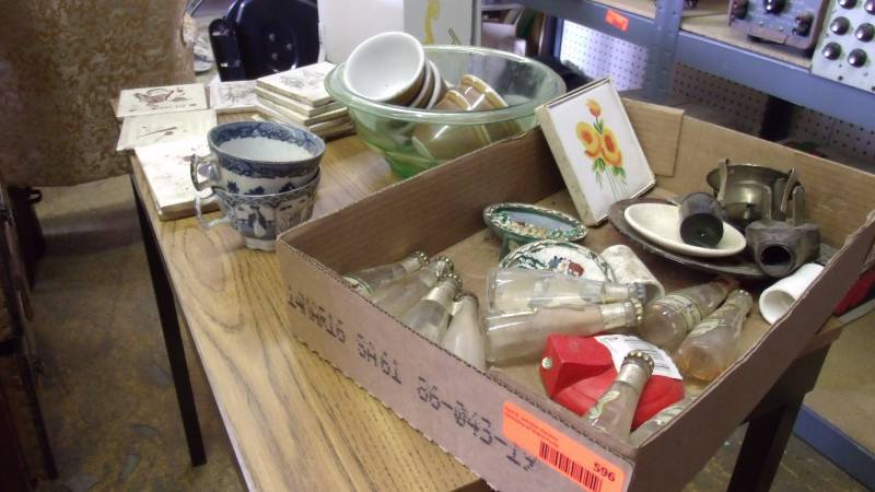 lot 596 image: Misc household, old bottles, plates, cups, bowls and tiles