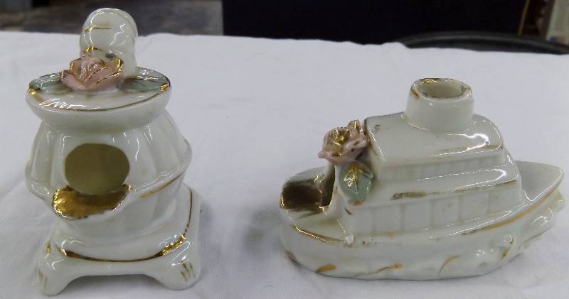 Made in Japan Pot Belly Stove and Tug Boat Figurines