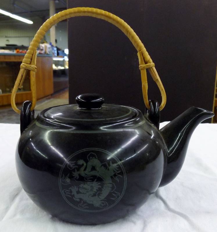 Black Tea Pot, Oriental Design with wicker handle