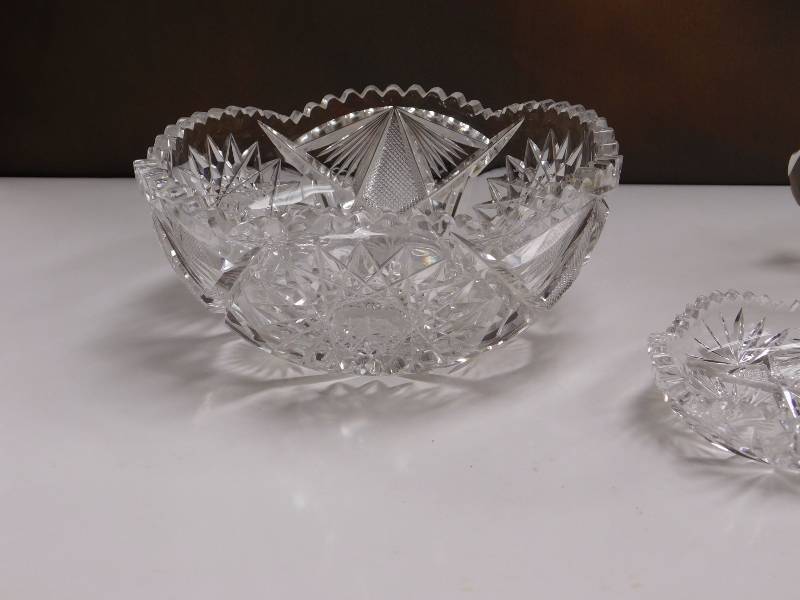 Crystal items bowl, sugar bowl and a plate