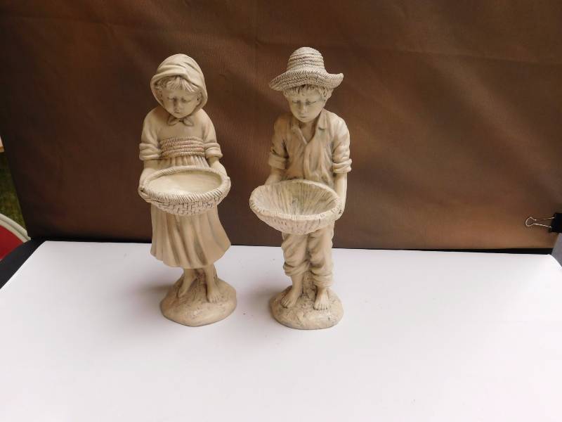 vintage cast mold boy and girl holding garden baskets RGM