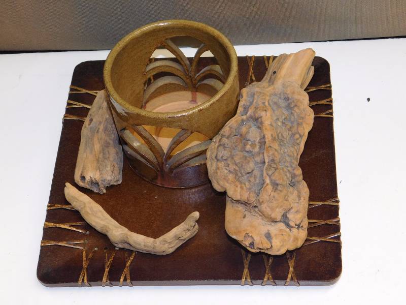 serving tray, pottery candle holder and decorative driftwood burl root