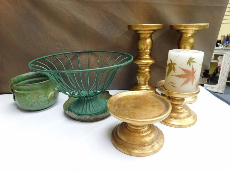metal basket and candle holders