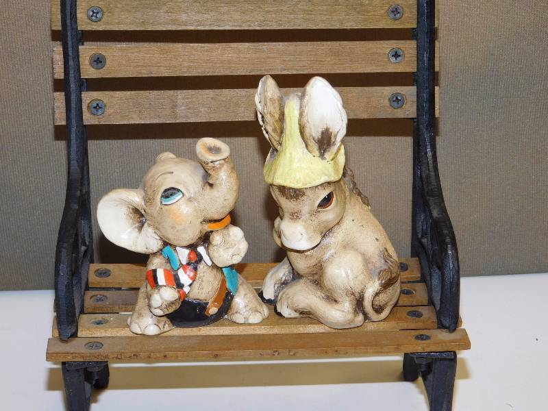 Political fun Republican and Democrat sitting on park bench