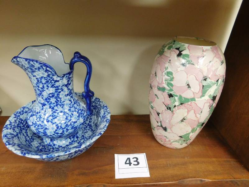 Vintage blue and white basin and pitcher and hand decorated vase