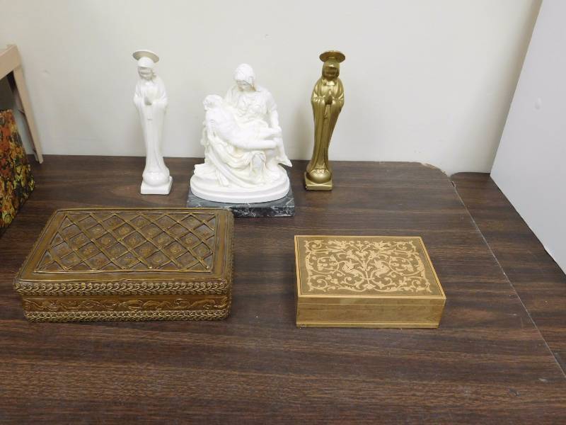 Three religious figurines and two nice trinket boxes