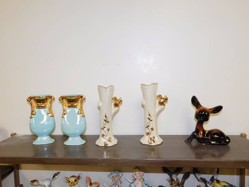 Two pair if very nice iridescent vases and a mid century deer