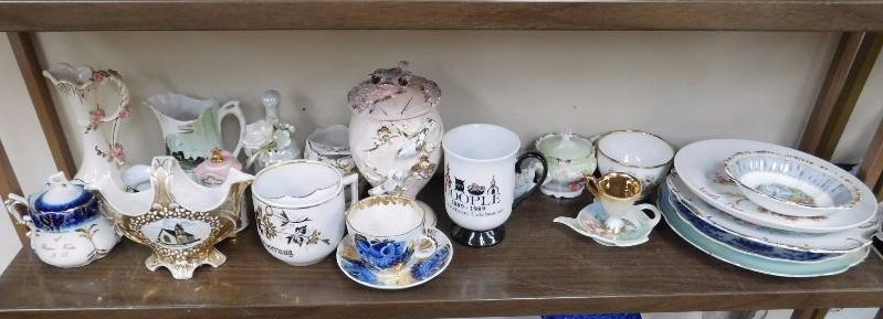 shelf lot of ceramic and china plates, cups and more