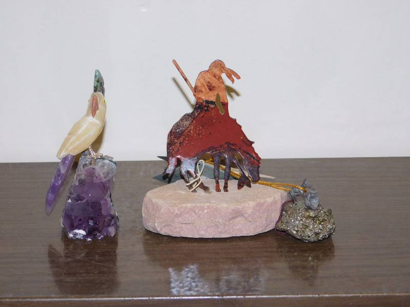 Native American art, Amethyst and stone parrot and pyrite sample