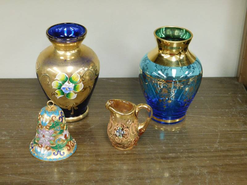 two mini blue with gold Italian vases a mini bell and pitcher