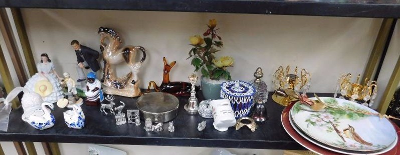 shelf lot of figurines, Scarlet OHara Rhett Butler, metal and more