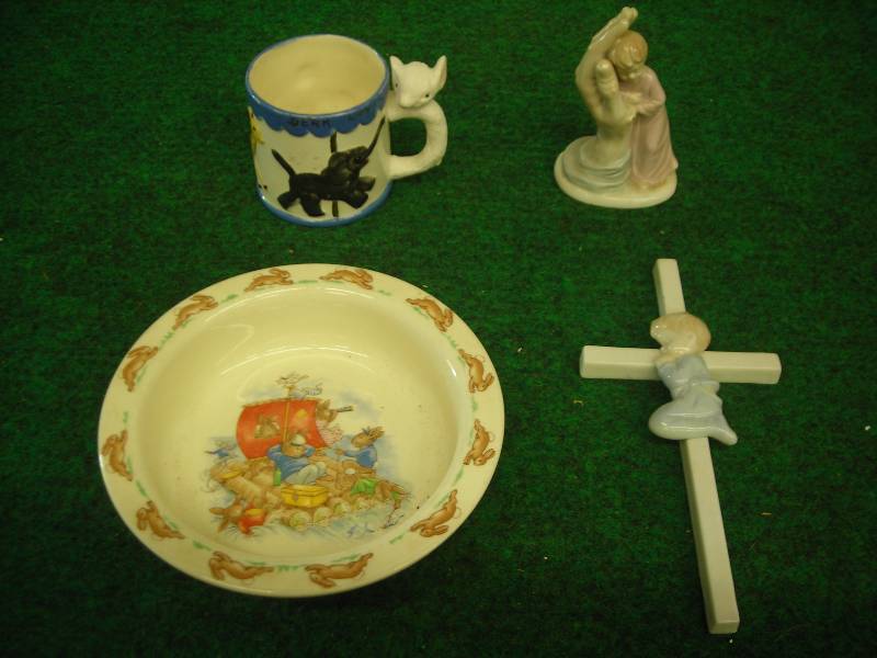 Royal Doulton Bunnykins Baby Dish, Vintage Baby Cup, Roman, Inc. Porcelain Cross & Figurine