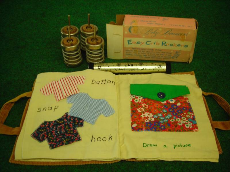 Vintage (1960s) Baby Bouncers Spring Crib Feet, Birth Certificate Keeper, Hand-Crafted Cloth Busy Book
