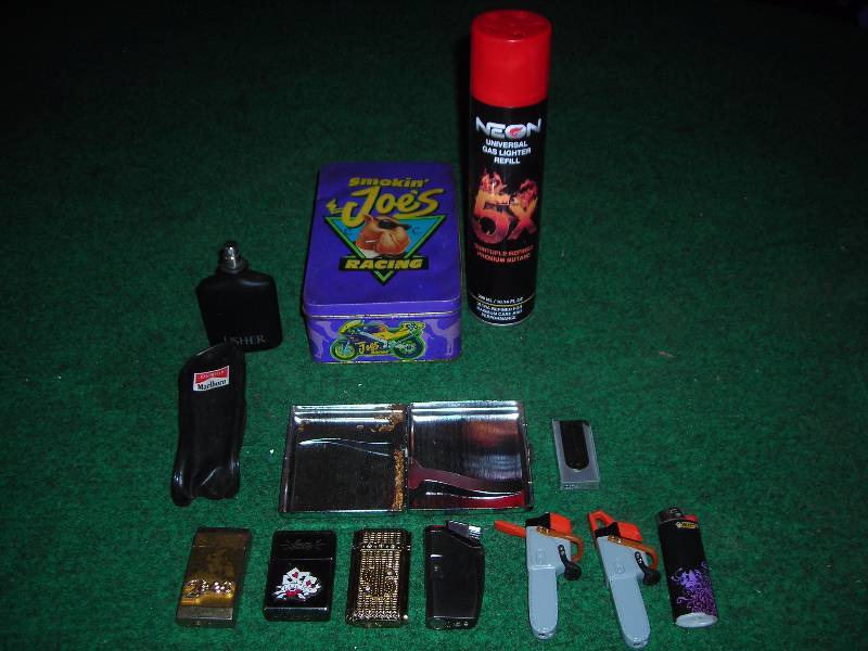 Collection Of Lighters, Cigarette Case, Camel Tin, Partial Butane Refill
