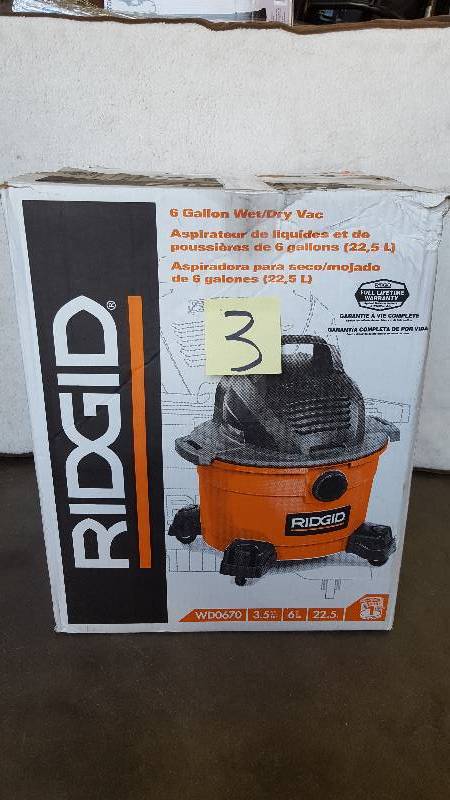lot 3 image: Ridgid WD0670  6 Gal Shop Vac 3.5 HP in Like New condition