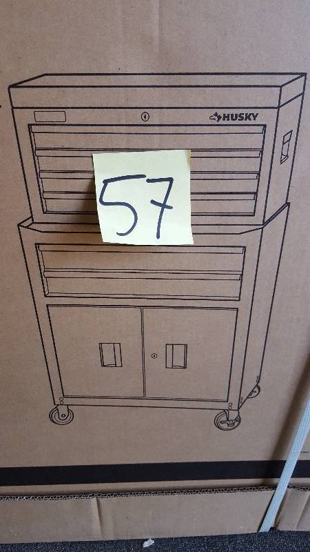 lot 57 image: Husky 26 in. 6-Drawer Tool Chest and Rolling Tool Cabinet Set, Black-C-296BF16 New